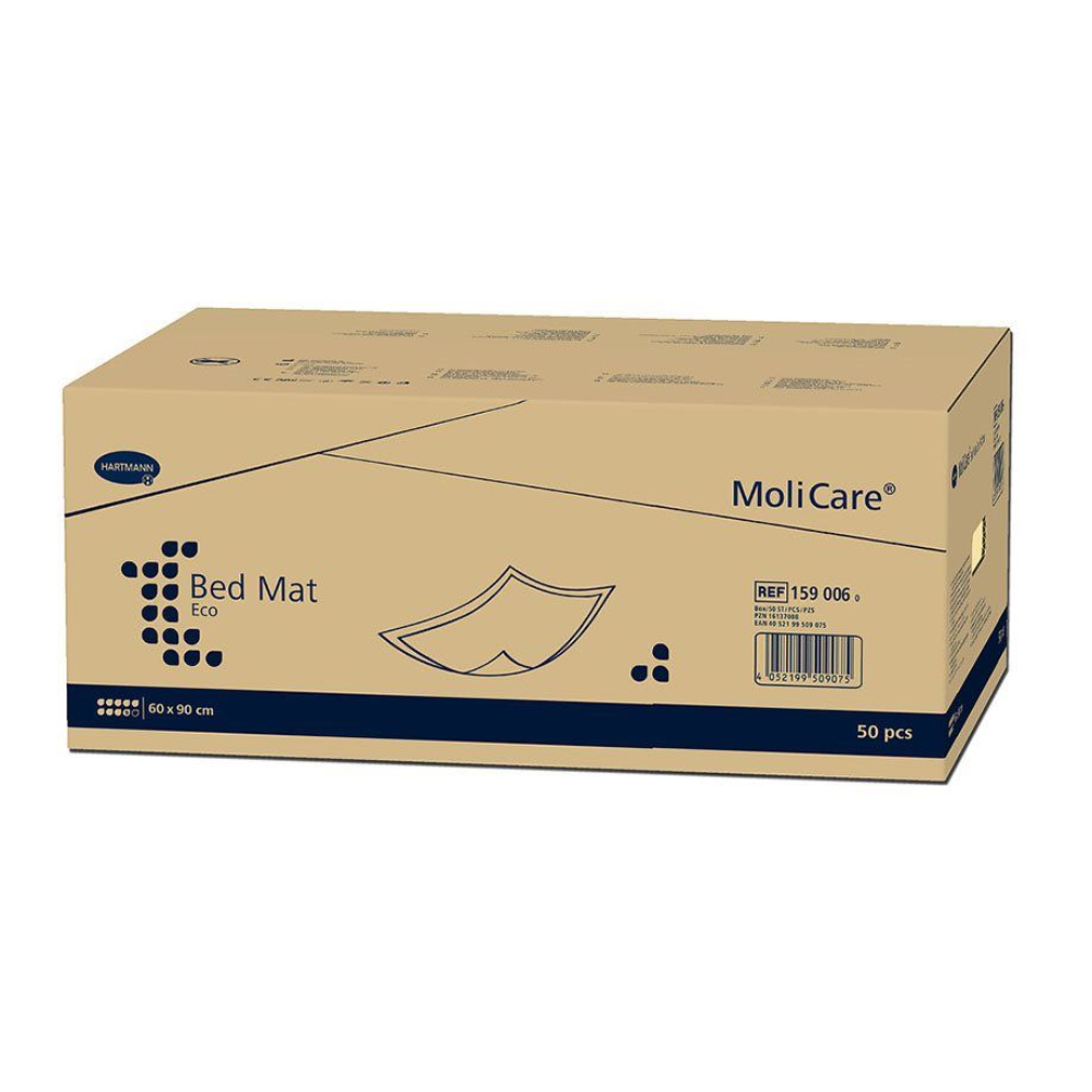 A box of MoliCare® Bed Mat ECO bed protection pads with 50 pieces, with the product reference number and dimensions indicated on the side. The packaging is mainly beige with blue text and graphics.