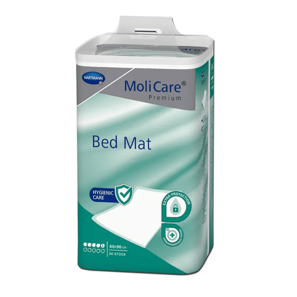 A pack of MoliCare® Premium Bed Mat bed protection pad 5 drops from Paul Hartmann AG with information on hygiene and protection, containing 30 pieces, depicted on a white background.