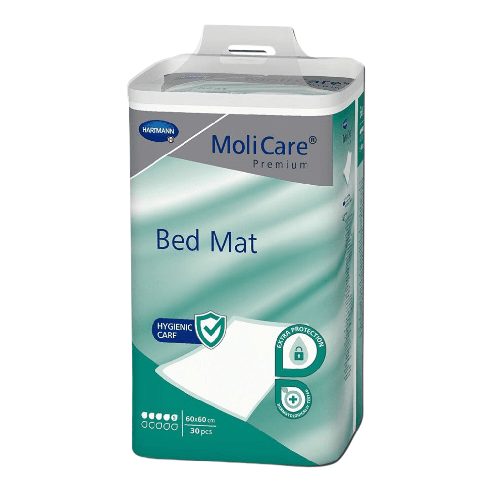 A pack of MoliCare® Premium Bed Mat bed protection pad 5 drops from Paul Hartmann AG. The box is green and white, bears the product name and the note that it contains 30 pieces, thus emphasizing hygienic care and bed protection.