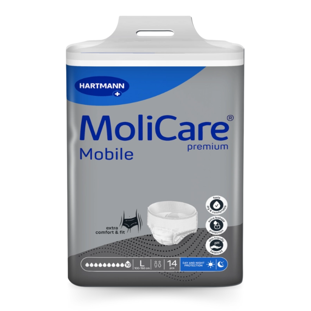 Die Hartmann MoliCare® Premium Mobile Inkontinenzpants der Paul Hartmann AG werden in einem grauen Beutel mit blau-weißem Text geliefert, der Komfort, Passform und starken Auslaufschutz hervorhebt. Die Verpackung zeigt Größe L und enthält 14 Stück.