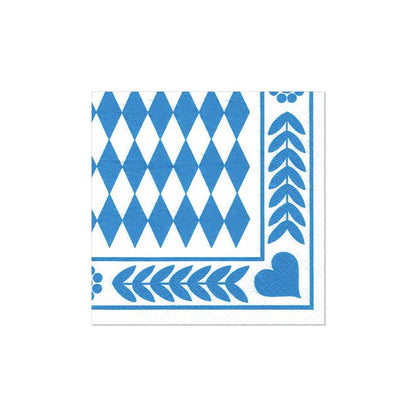 The PAPSTAR 250 napkins, 3-ply 1/4-fold from PAPSTAR GmbH feature a blue and white diamond pattern with leaf edges, dots, and a corner heart - ideal environmentally friendly napkins for the catering industry.