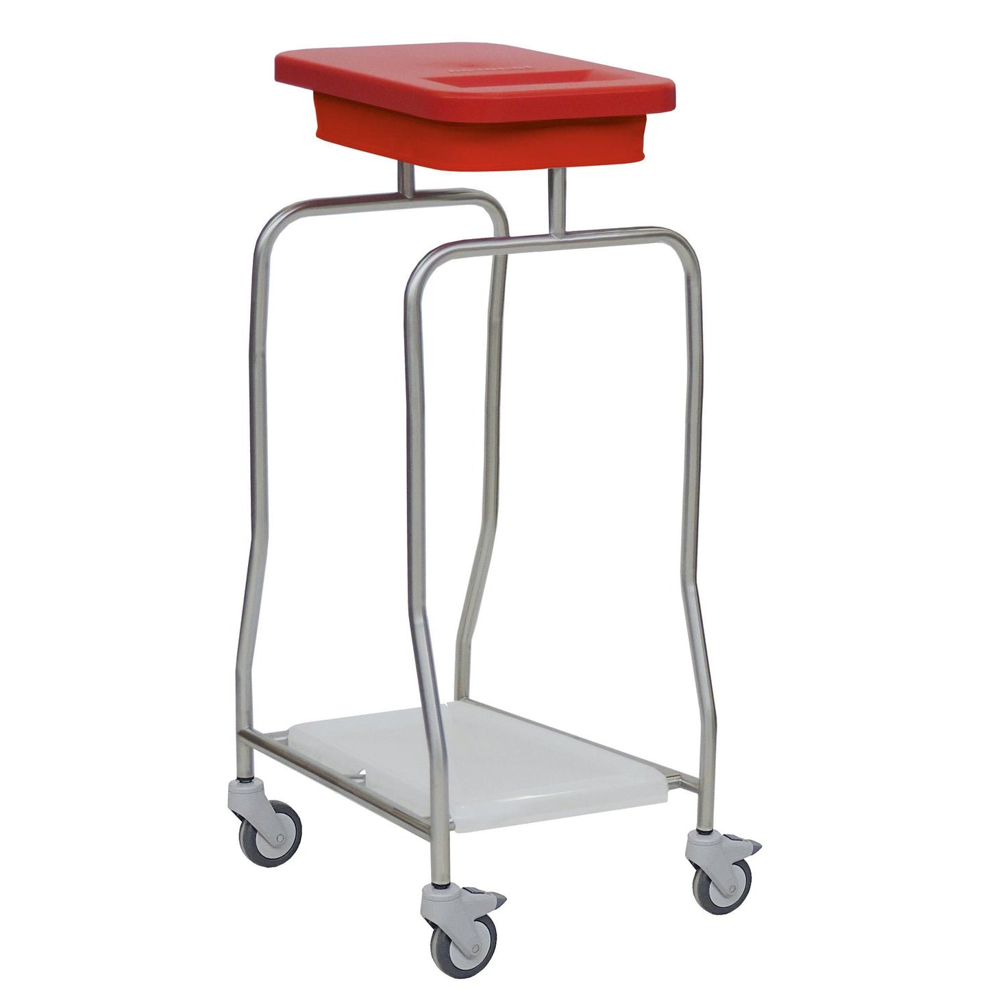 A medical cart made of stainless steel with four swivel casters, a white lower shelf, and a Novocal stainless steel waste collector "Compact" single collector (rectangular, red) on the top.