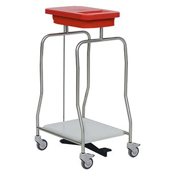 Hygienic waste disposal is achieved with the Novocal stainless steel waste collector "Compact": The robust single collector on four wheels with a red lid, white platform base, and foot pedal allows for convenient, contactless use.