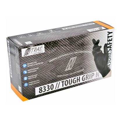 Box of nitrile safety gloves labeled “NITRAS TOUGH GRIP N” by AS Arbeitsschutz GmbH. The packaging contains black nitrile gloves with an innovative “scaly surface” for a textured grip and includes symbols indicating resistance to mechanical and chemical risks.