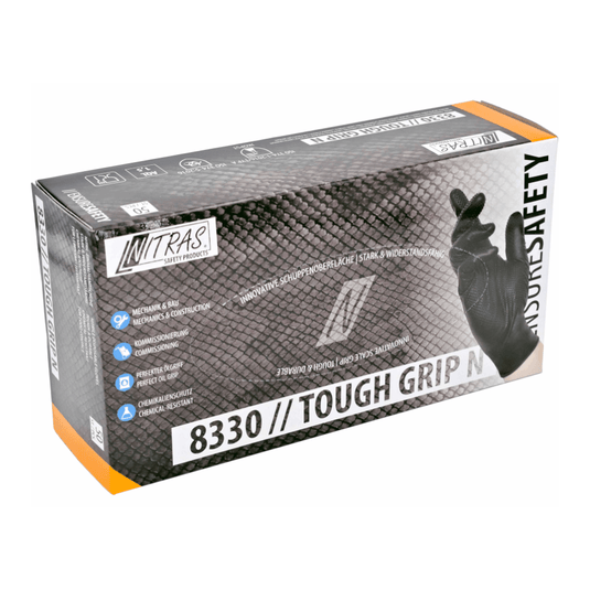 Box of nitrile safety gloves labeled “NITRAS TOUGH GRIP N” by AS Arbeitsschutz GmbH. The package contains black nitrile gloves with an innovative “scaled surface” for a textured grip and features symbols indicating resistance to mechanical and chemical hazards.