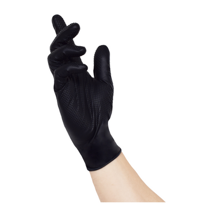 A hand wearing a black nitrile glove NITRAS TOUGH GRIP N from AS Arbeitsschutz GmbH with an innovative scaly surface pattern is seen with slightly curved fingers against a plain white background. The glove features enhanced texture on the palm and fingers for better grip.