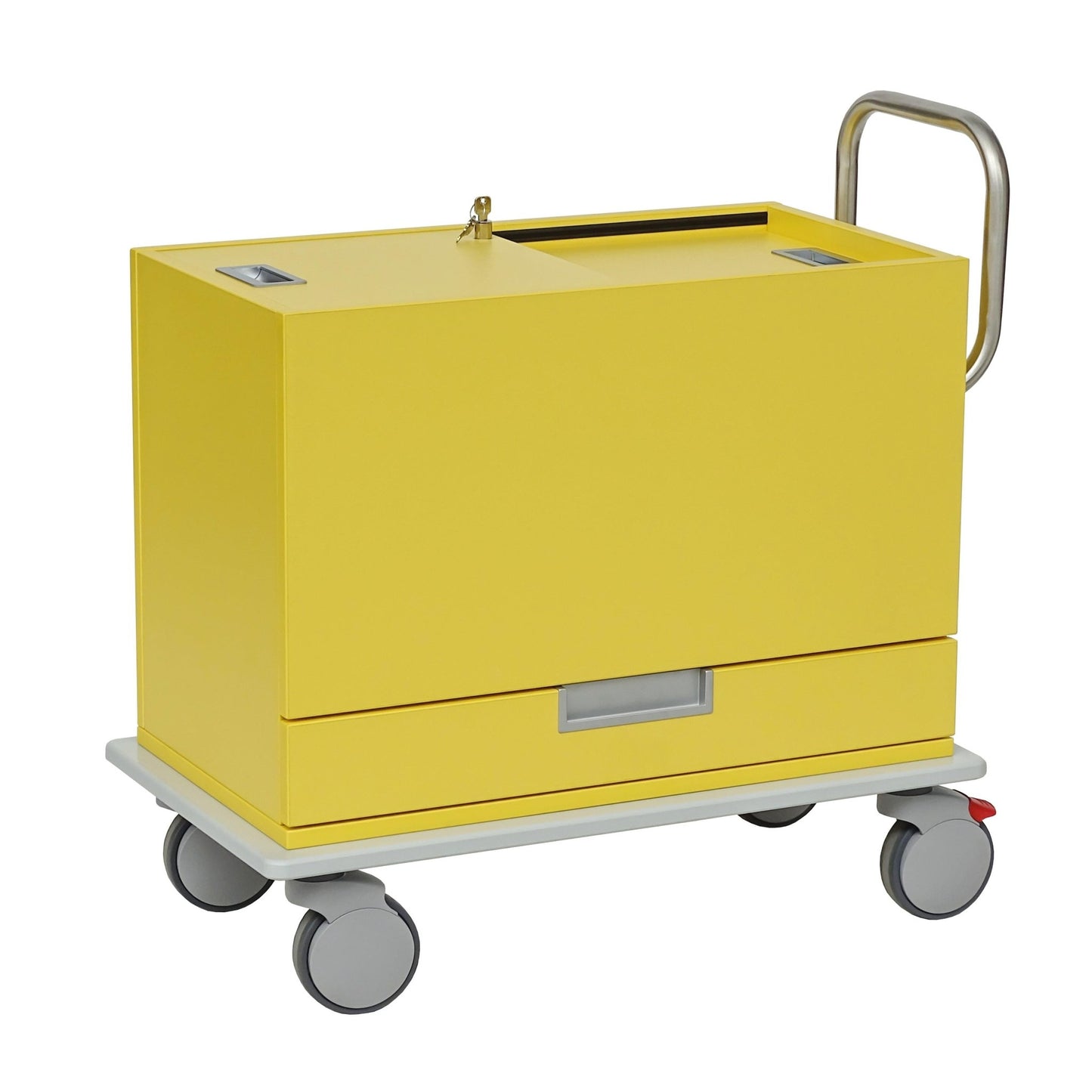 The Novocal card and business card cart is a yellow, rectangular cart with a metal handle, lock, castors, lower drawer, and flat white base - ideal for mobile storage in medical or office facilities. Made from high-quality special E-class panels.