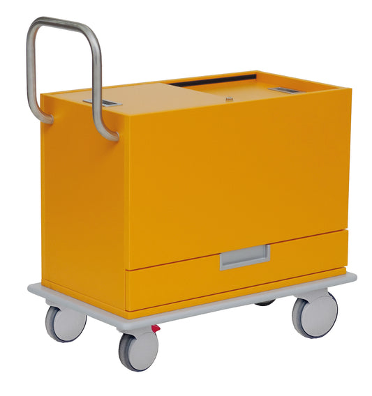 Das Novocal Kartei- und Visitenwagen Schrankteil aus hochwertigen Spezialplatten E hat einen gelben rechteckigen Korpus, einen Metallgriff, vier große Räder und eine untere Schublade - ideal für die mobile Aufbewahrung in Büromöbeln.