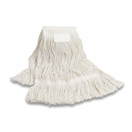 Der Arcora Nasswischmopp Mit Band / Offene Fransen 400G von Arcora International GmbH hat lange, lose Baumwollstränge und ein rechteckiges Stoffband - ideal zur Bodenreinigung. Verpackungseinheit: Karton (30 Stück).