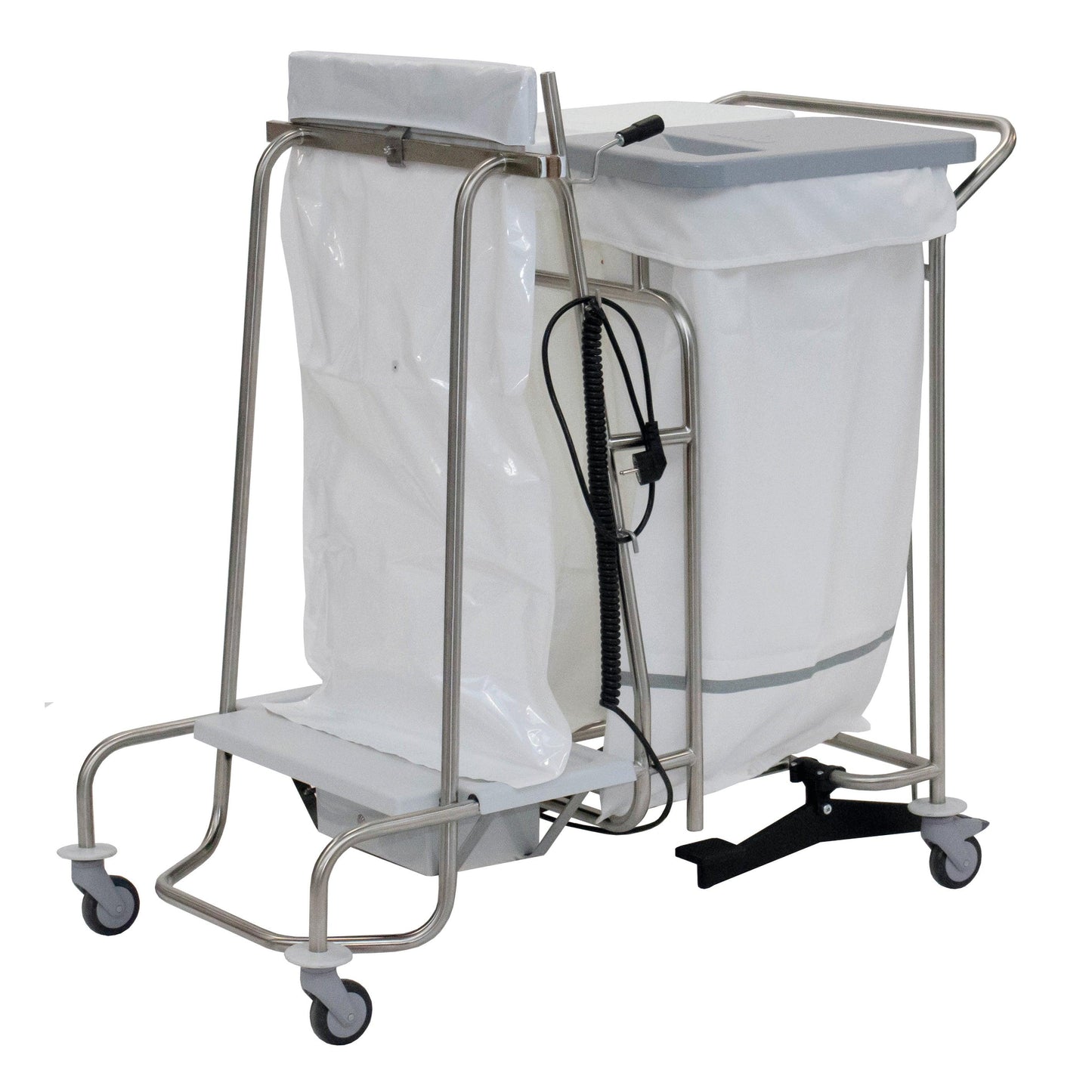 The Novocal stainless steel laundry collector "Compact plus" dual combination collector features a stainless steel frame, four wheels, a plastic bag holder, a foot pedal, a rectangular container with a gray lid, and a rolled-up cable for added convenience.