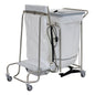 The Novocal stainless steel laundry collector "Compact plus" dual combination collector features a stainless steel frame, four wheels, a plastic bag holder, a foot pedal, a rectangular container with a gray lid, and a rolled-up cable for added convenience.