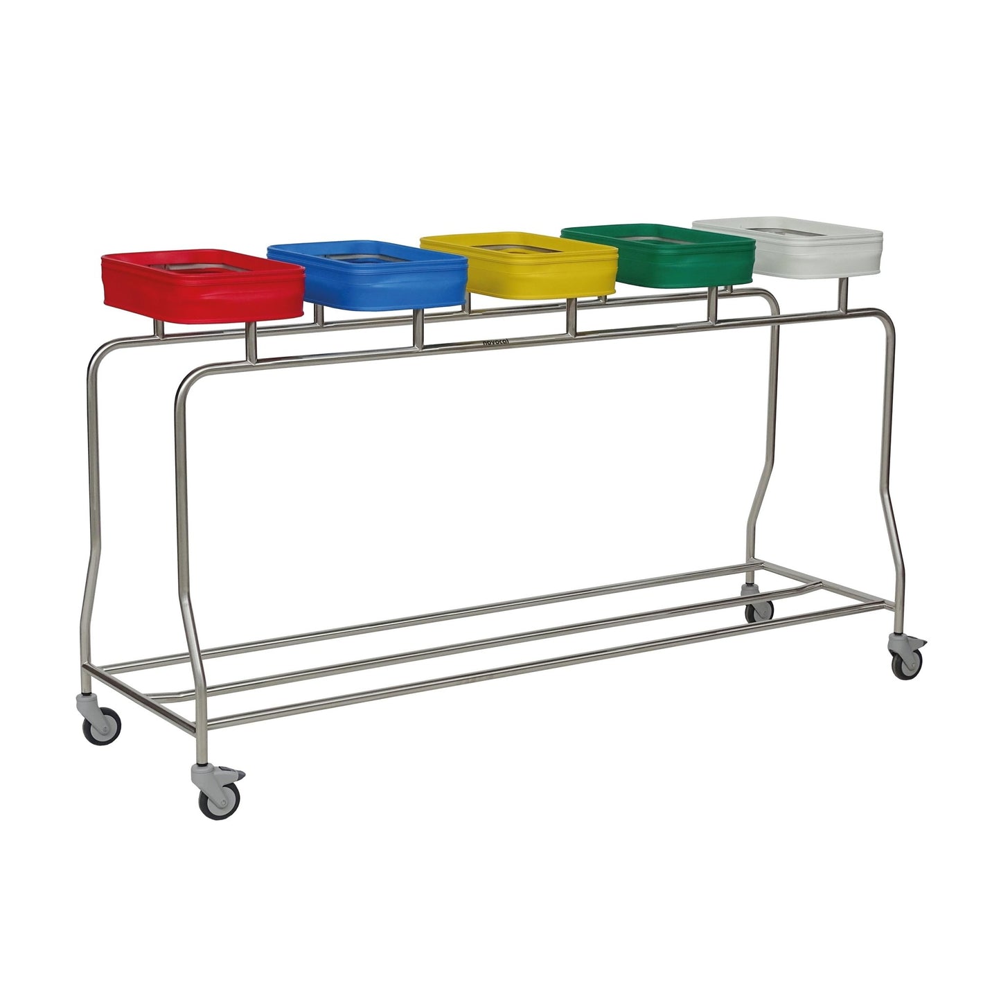 The Novocal stainless steel laundry collector "Compact" five-compartment collector features a stainless steel frame on wheels with five color-coded lids - red, blue, yellow, green, and white - for organized waste and laundry sorting.