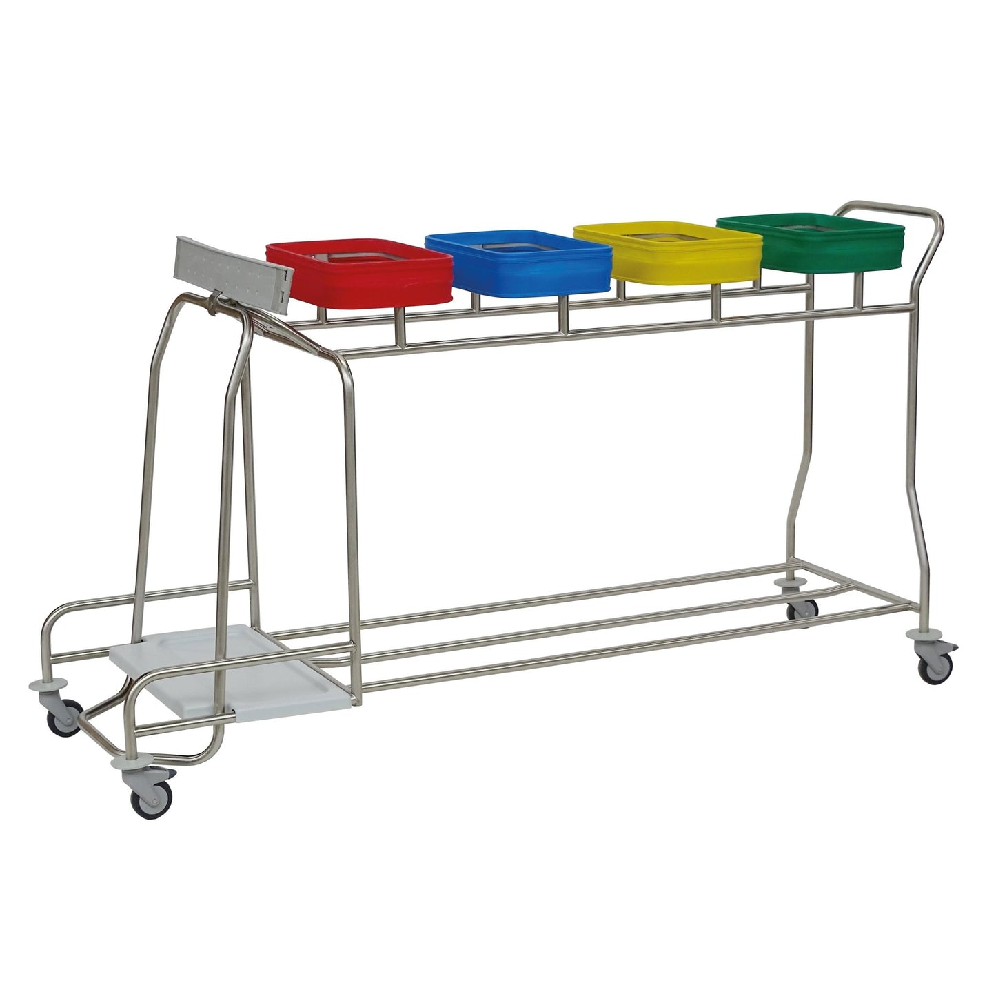 The Novocal stainless steel laundry collector "Kompakt plus" combination collector features a stainless steel frame with 4 compartments, colored lids (red, blue, yellow, green), four wheels, and a practical push handle. Brand: Novocal.