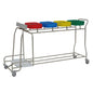The Novocal stainless steel laundry collector "Kompakt plus" combination collector features a stainless steel frame with 4 compartments, colored lids (red, blue, yellow, green), four wheels, and a practical push handle. Brand: Novocal.
