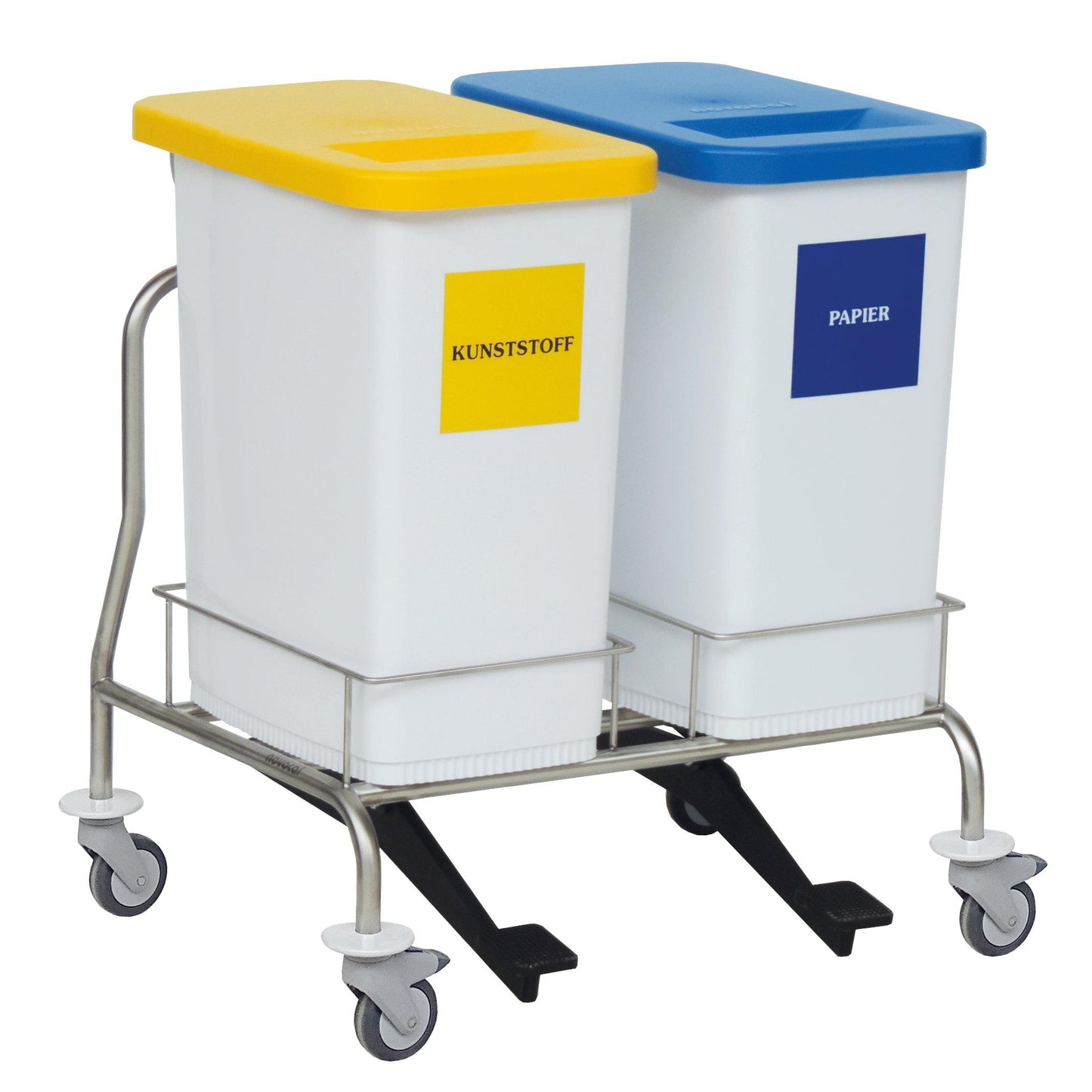 The Novocal recyclable collector dual collector consists of two rectangular containers on a stainless steel cart with wheels, a yellow "Plastic" lid on the left, and a blue "Paper" lid on the right, ensuring efficient waste separation.