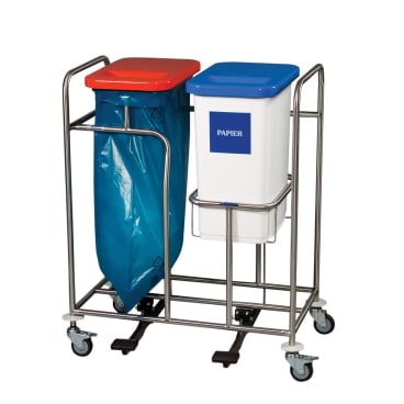 The Novocal recyclable collector, dual collector, features a stainless steel frame with two compartments - one compartment with a red lid for general waste and one compartment with a blue lid labeled "PAPER" - both on wheels for easy mobility.