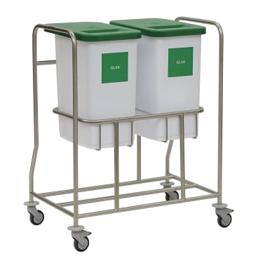 The Novocal recyclable collector combination collector consists of a stainless steel frame with four wheels, carrying two white containers labeled "GLASS" with green lids, which are attached side by side for efficient waste separation.