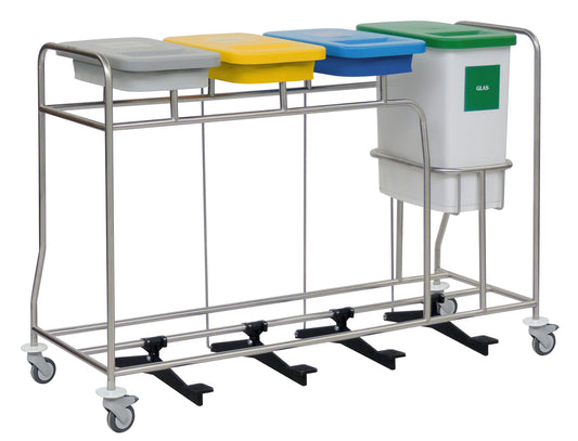 Der Novocal Wertstoffsammler Kombisammler verfügt über einen Edelstahlrahmen mit 4 Behältern, Räder, graue/gelbe/blaue/grüne Behälter mit Deckel (grün mit der Aufschrift "GLASS") und Fußpedale zum freihändigen Öffnen. Alle Rohrverbindungen sind aus rostfreiem Stahl.