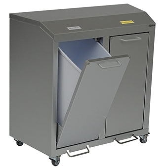 Der Novocal Wertstoffschrank Serie 3000 Zweifachsammler ist ein Aluminiumschrank auf Rädern, mit einem schräg nach vorne zu öffnenden Fach und einem herausnehmbaren Behälter für die Abfalltrennung sowie einem geschlossenen rechten Fach. Marke: Novocal.