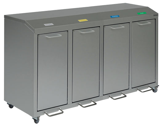 Der Novocal Wertstoffschrank Serie 3000 Vierfachsammler ist eine Aluminium-Recyclingstation mit vier elektrisch leitfähigen Fächern - ideal für eine effiziente Abfalltrennung.