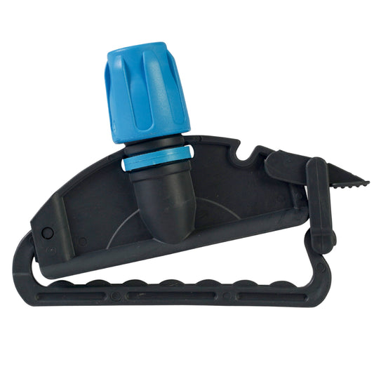 Ein schwarz-blaues Kunststoffgerät mit blauer Gewindekappe, schwarzer Düse und geriffeltem, gebogenem Griff - ideal zur Bodenreinigung oder zur Verwendung mit dem Arcora International GmbH Arcora Nasswischmopp-Halter | Packung (1 Stück).