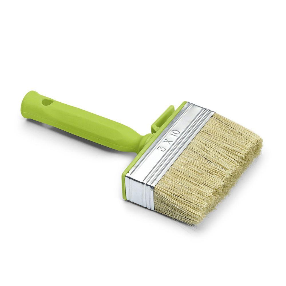 The Nölle Profi Brush industrial surface brush features a white tin ferrule and light bristles. Its bright green plastic handle with a hanging loop allows for easy storage. The 3 x 10 inch ferrule is perfect for industrial cleaning tasks.