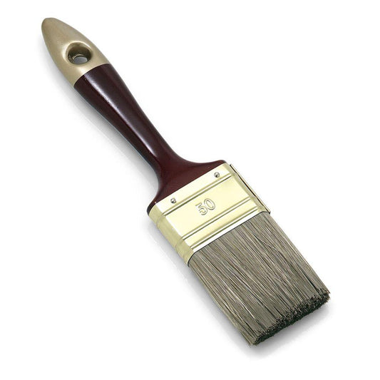 Der Nölle Profi Brush Lasurpinsel 8 verfügt über hellbraune Borsten, eine glänzende, messingbeschichtete Zwinge mit der eingravierten Zahl 30 und einen dunkelbraunen Griff mit hellbrauner Spitze und Aufhängeloch.