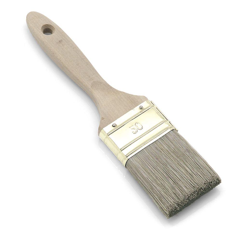 The Nölle Profi Brush glaze brush with high-quality dark special bristle mixture and a brass-plated ferrule embossed with '50' is depicted with a wooden handle on a white background, ideal for wood protection paints.