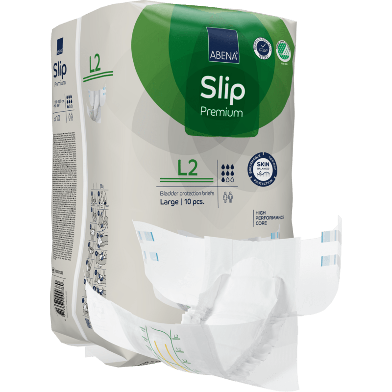 A pack of ABENA Slip Premium incontinence slips from Abena Re-Seller GmbH, size Large (L2), contains 10 pieces. A slip is partially removed from the pack to show its design and lining.