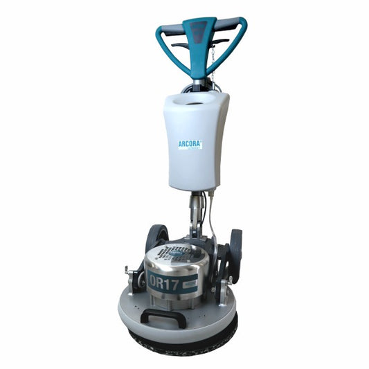 Die Arcora Orbital Heavy Or17 Orbitalmaschine von Arcora International GmbH verfügt über einen blau-grauen Griff, einen weißen Tank mit "ARCORA"-Schriftzug und einen großen, runden Schrubbboden - ideal für professionelle Reinigungsanwendungen.