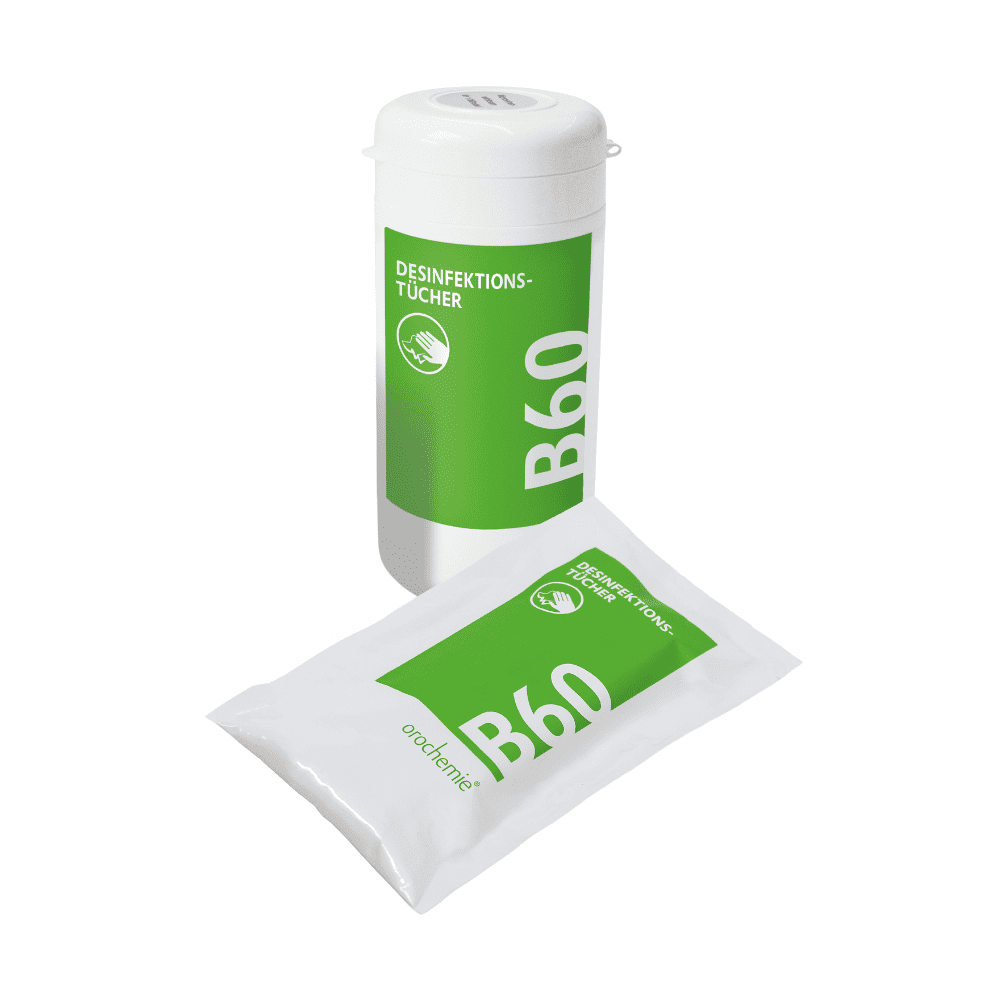 A white Orochemie B 60 disinfectant wipes container (by orochemie GmbH + Co KG) stands next to a refill pack of alcohol-based disinfectant wipes for quick rapid disinfection.