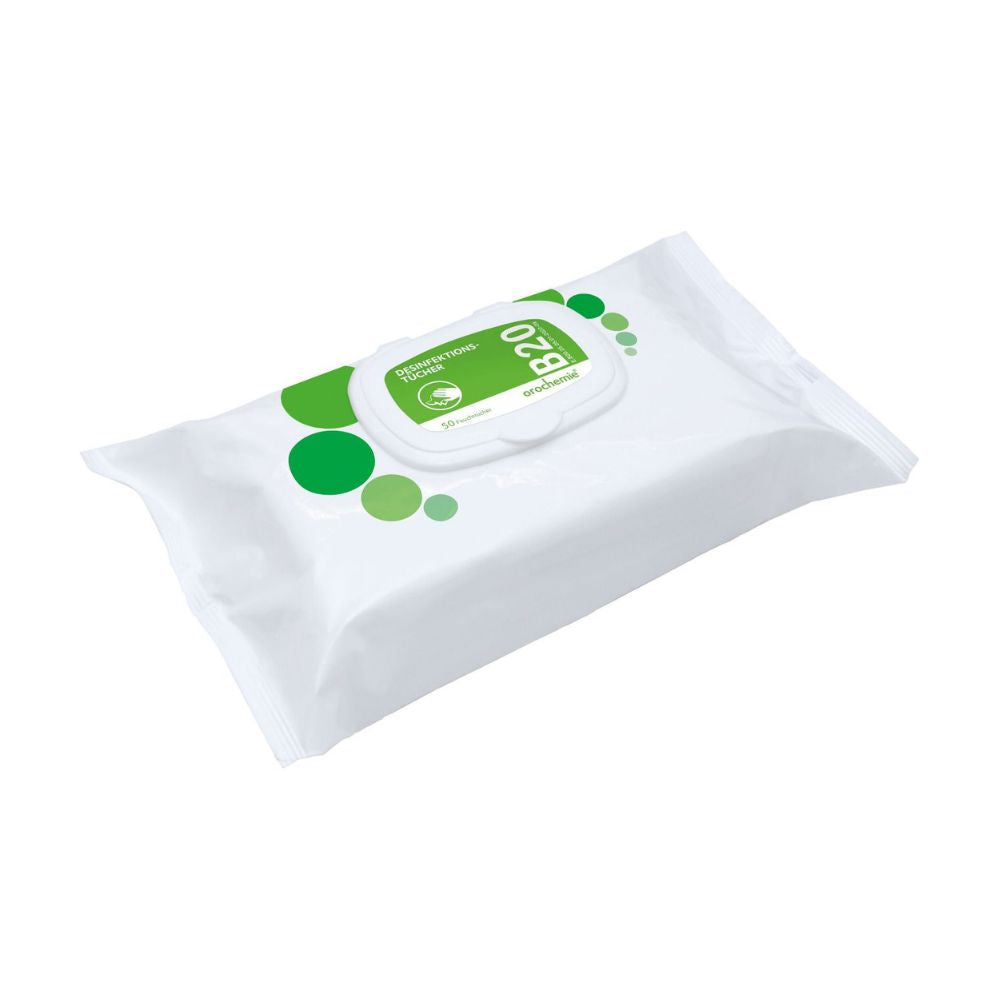 A sealed package of Orochemie B 20 disinfection wipes from orochemie GmbH + Co KG contains 50 alcohol-free wipes for surface disinfection, with a white flip-top lid and green circular accents on the label.