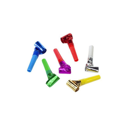 The PAPSTAR 6 party blowers from PAPSTAR GmbH, ideal for a children's birthday party, are pictured against a white background. These metallic blowers are available in bright colors in blue, red, green, purple, gold, and silver with colorful and reflective noise-making parts.