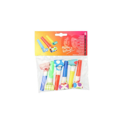 The PAPSTAR 6 party blowers from PAPSTAR GmbH is a transparent plastic package with six colorful party blowers, ideal for children's birthday parties. The package features a red top section with people and the phrase 'Partyfeeling!!' in various colors and languages, making it an essential party accessory.