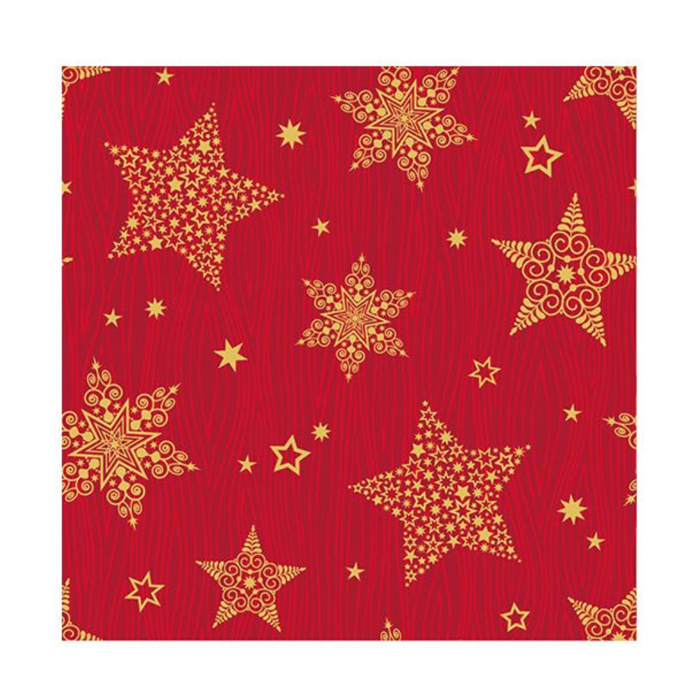 A bright red background adorns the pattern "Christmas Shine" and features intricately decorated yellow stars of varying sizes scattered across the canvas. Each star has detailed patterns that enhance the festive character of this decorative motif and are reminiscent of the elegant festive napkins of PAPSTAR GmbH.