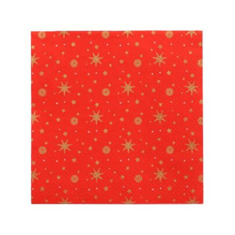 A napkin from PAPSTAR GmbH titled “Plain Christmas Trees” features a festive Christmas motif with golden stars and small dots. These 3-ply napkins offer both elegance and an eco-friendly option for your festive table decoration.