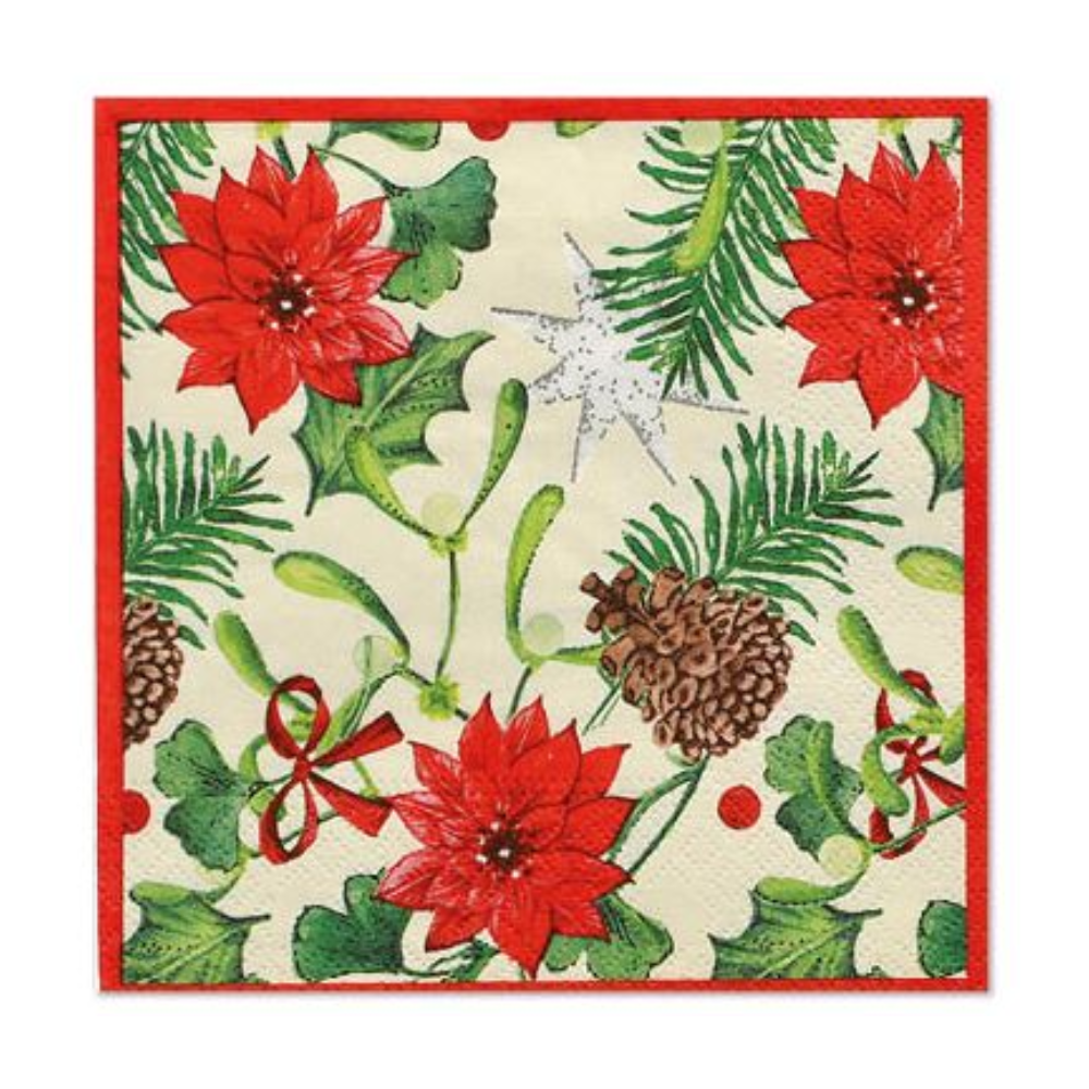 The PAPSTAR napkins, FSC-certified and three-ply, feature red Christmas stars, green holly leaves, pine branches, pine cones, and red berries on a cream-colored background. A silver star further enhances the "winter" napkins of PAPSTAR GmbH.