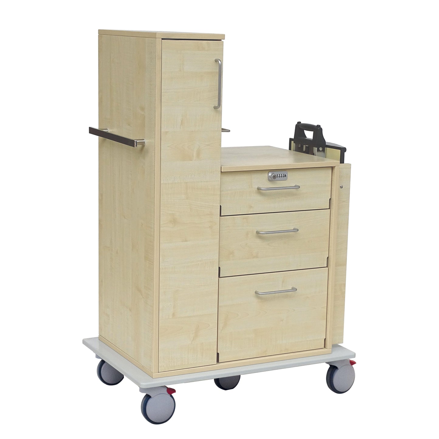 The Novocal patient trolley is characterized by a bright wood design with three drawers, a tall side cabinet, and a clipboard holder. Its full plastic panel chassis ensures smooth mobility. Metal handles, a lockable drawer, and red-gray wheels provide secure transport.