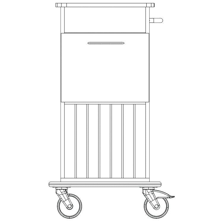 Schwarz-weiße Strichzeichnung des Novocal Pflege- und Arbeitswagens: rechteckiger Korpus, Schublade mit horizontalem Griff, vier Lenkrollen, horizontaler Griff oben rechts. Funktioniert als Wandschutz. Marke: Novocal. Packung (1 Stück).