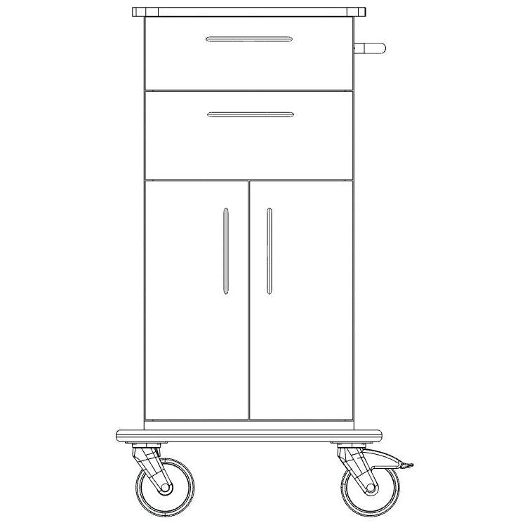 Line drawing of a Novocal care and work cart with a continuous full plastic plate, two large and two small wheels, upper drawer, two lower doors, handle on the right side, and robust chassis.