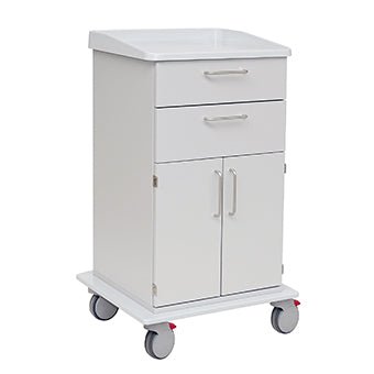 The Novocal care and work trolley with two drawers, a two-door cabinet, metal handles, and four wheels (rear with red brakes) is ideal for care areas. Robust full plastic chassis. Package: 1 piece.