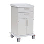 The Novocal care and work trolley with two drawers, a two-door cabinet, metal handles, and four wheels (rear with red brakes) is ideal for care areas. Robust full plastic chassis. Package: 1 piece.