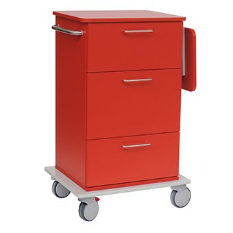 The Novocal care and work trolley features three drawers, a handle on the left side, a foldable shelf on the right side, and four gray swivel casters on a stable white full plastic base - ideal for care facilities. Brand: Novocal. Package: 1 piece.
