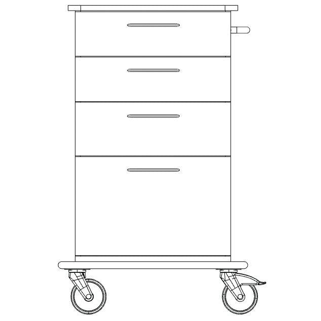 Black and white line drawing of the Novocal care and work cart, featuring a full plastic frame with three drawers, a large bottom compartment, two large front wheels, and two smaller rear wheels. Brand: Novocal.