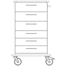 Front view line drawing of the Novocal care and work cart chassis with five horizontal drawers and two large wheels at the bottom. Brand: Novocal. Package (1 piece).
