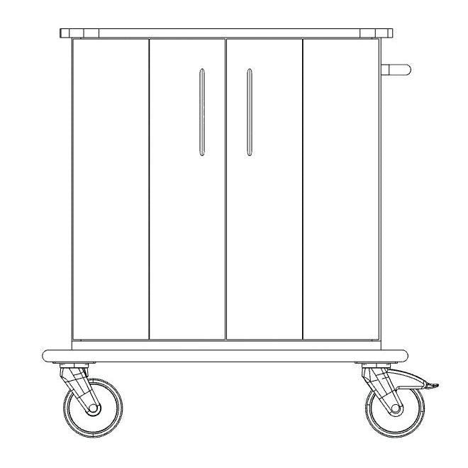 Line drawing of the Novocal care and work cart: utility cart with two cabinet doors, handle on the right side, and four large wheels; with a robust solid plastic top. The front view shows two wheels. Brand: Novocal.
