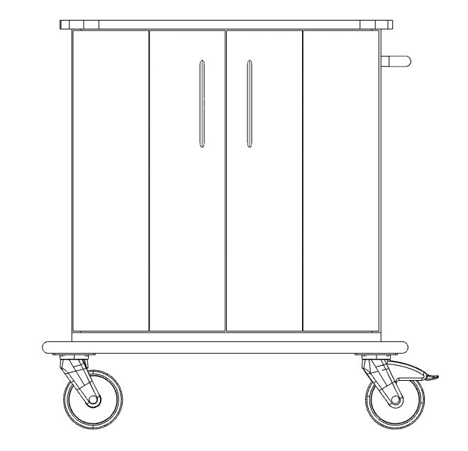 Strichzeichnung des Novocal Pflege- und Arbeitswagens: Nutzwagen mit zwei Schranktüren, Griff auf der rechten Seite und vier großen Rädern; mit einer robusten Vollkunststoffplatte. Die Vorderansicht zeigt zwei Räder. Marke: Novocal.