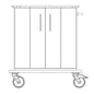 Line drawing of the Novocal care and work cart: utility cart with two cabinet doors, handle on the right side, and four large wheels; with a robust solid plastic top. The front view shows two wheels. Brand: Novocal.