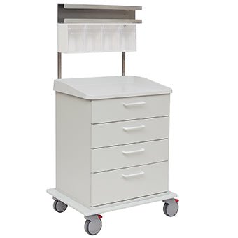 The Novocal care and work trolley has a white frame, four drawers, a flat top, clear compartments above, and four wheels for easy mobility - ideal for use in care facilities.