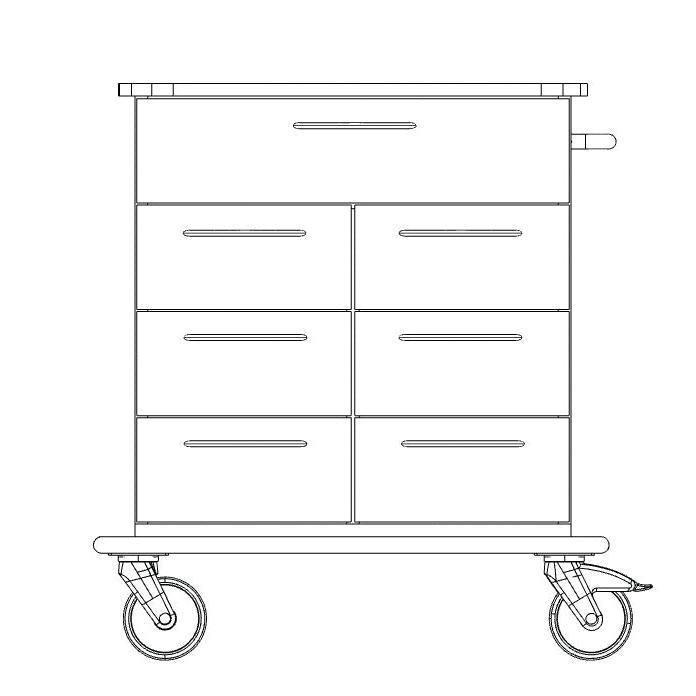Line drawing of the Novocal care and work trolley: one large upper drawer, six smaller drawers in two columns, durable full plastic top, four wheels and a handle on the right side. Brand: Novocal. Package (1 piece).